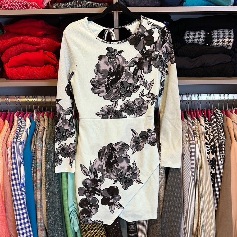 Tease Me mint green black floral print long sleeve back zipper/tie dress size M